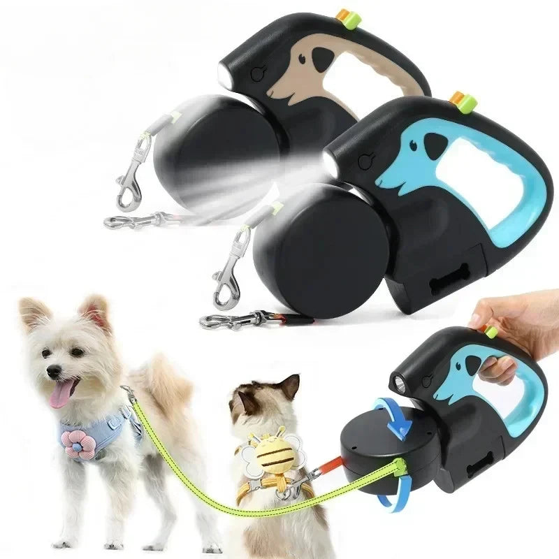 Retractable Double Dog Leash – 360° Swivel No-Tangle Leash with LED Flashlight & Poop Bag Holder