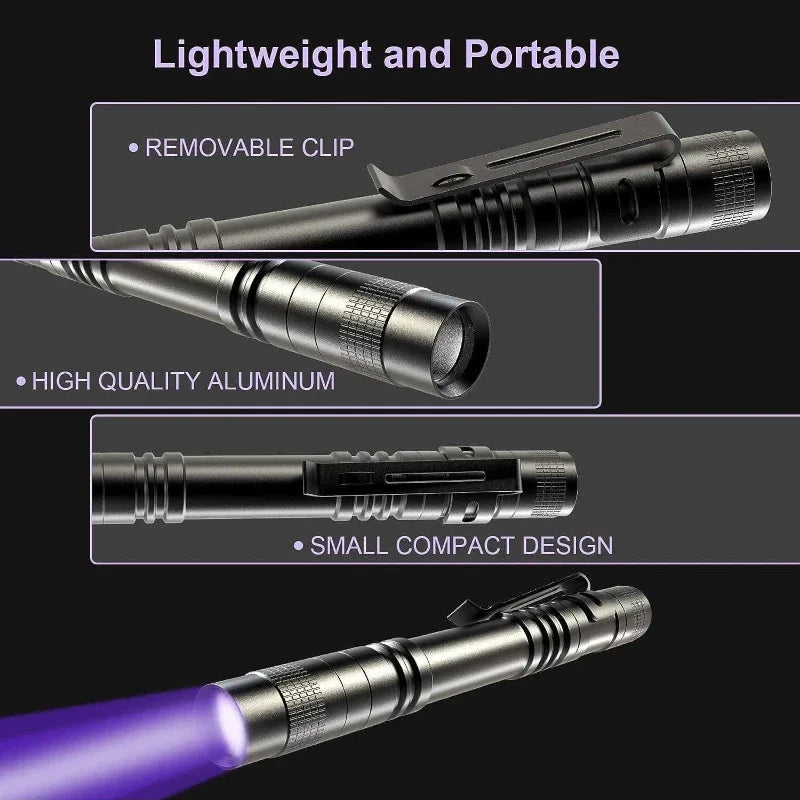Portable UV Flashlight 395nm - Ultraviolet Torch with Pen Clip for Pet Urine, Scorpion, and Stain Detection
