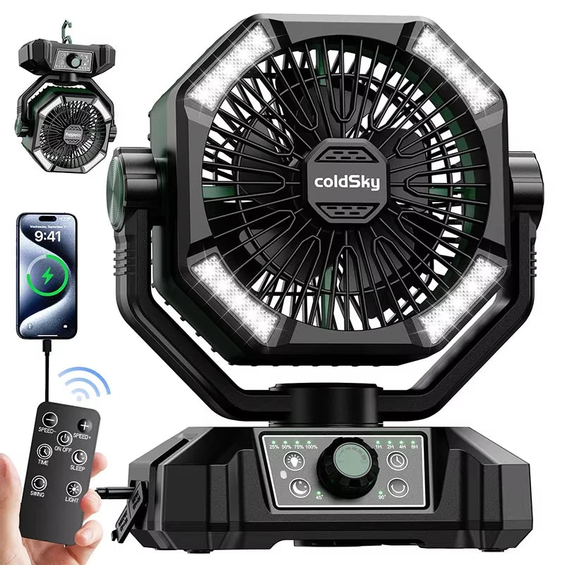 ColdSky Portable Camping Fan with 4 LED Lantern, 8 Speeds, 20000mAh Rechargeable Battery – Outdoor & Emergency Use