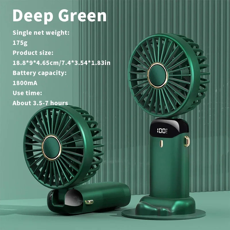 Foldable Mini Fan – 3000mAh USB Rechargeable | 5-Speed Handheld, Desk, Neck Hanging with Display & Phone Stand
