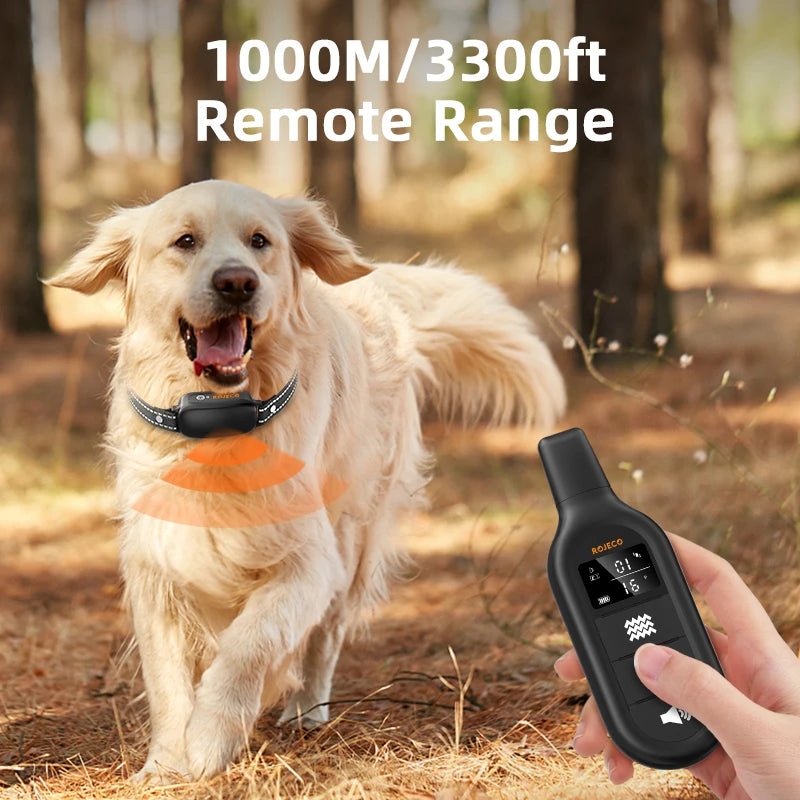 Dog wearing a remote control collar with a person holding the device in a forest setting. Electric Dog Training Collar – IPX7 Waterproof, 1000M Remote, Rechargeable Anti-Bark Shock & Vibration Collar for All Dogs