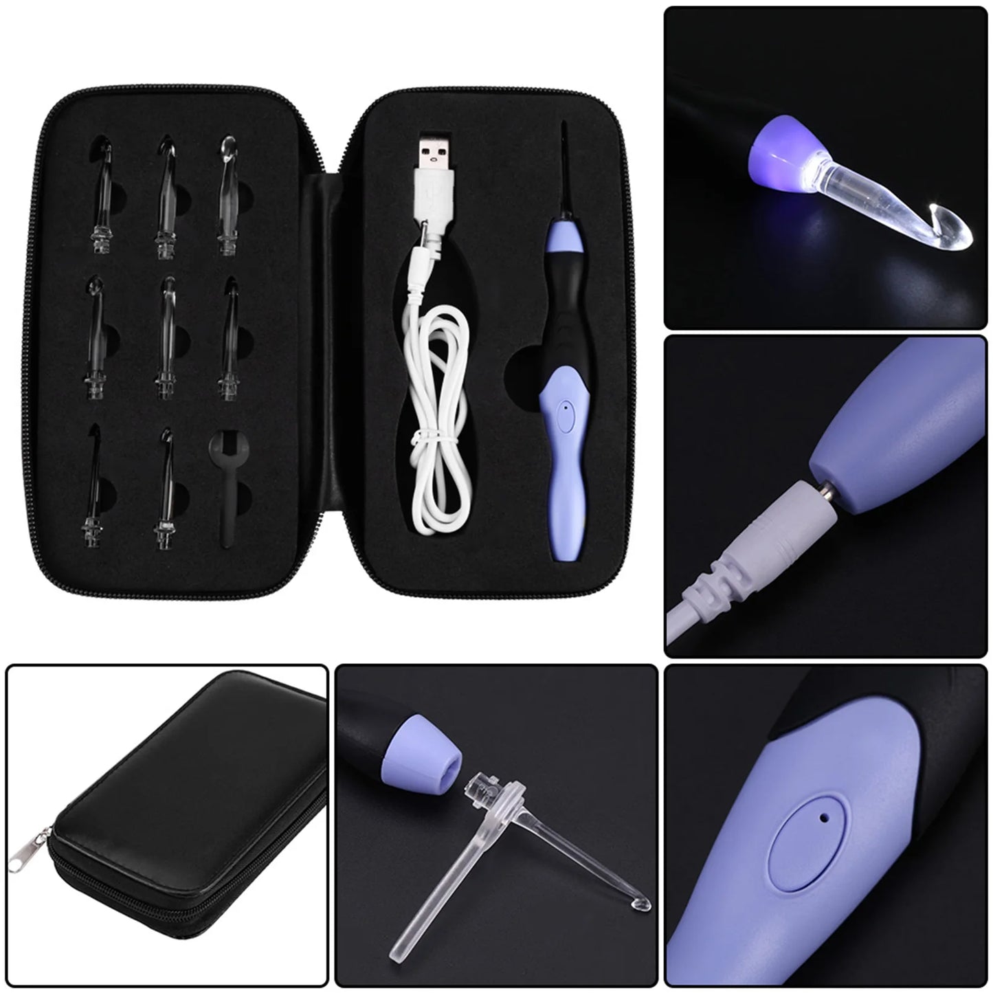USB Rechargeable LED Crochet Hook Set – 9 Light-Up Hooks (2.5-6.5mm) with Bag, Tips & Charging Cable