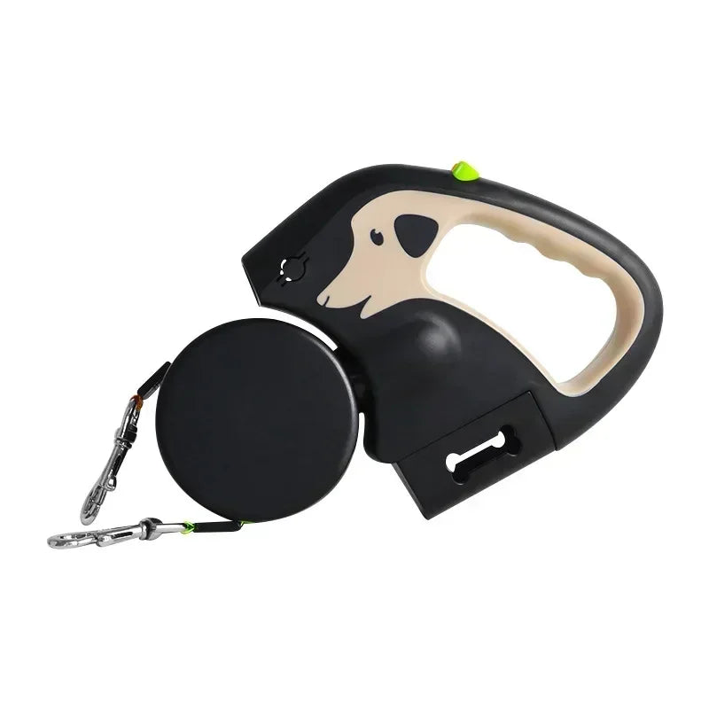 Retractable Double Dog Leash – 360° Swivel No-Tangle Leash with LED Flashlight & Poop Bag Holder