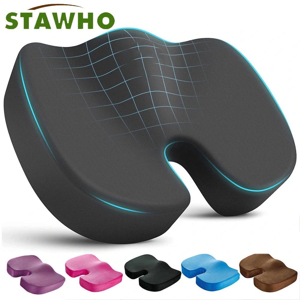 Ergonomic seat cushion with grid pattern and color options displayed below on a white background. Memory Foam Coccyx Seat Cushion with U-Shaped Cutout for Tailbone and Sciatica Pain Relief - Ergonomic Posture Support for Office Chair