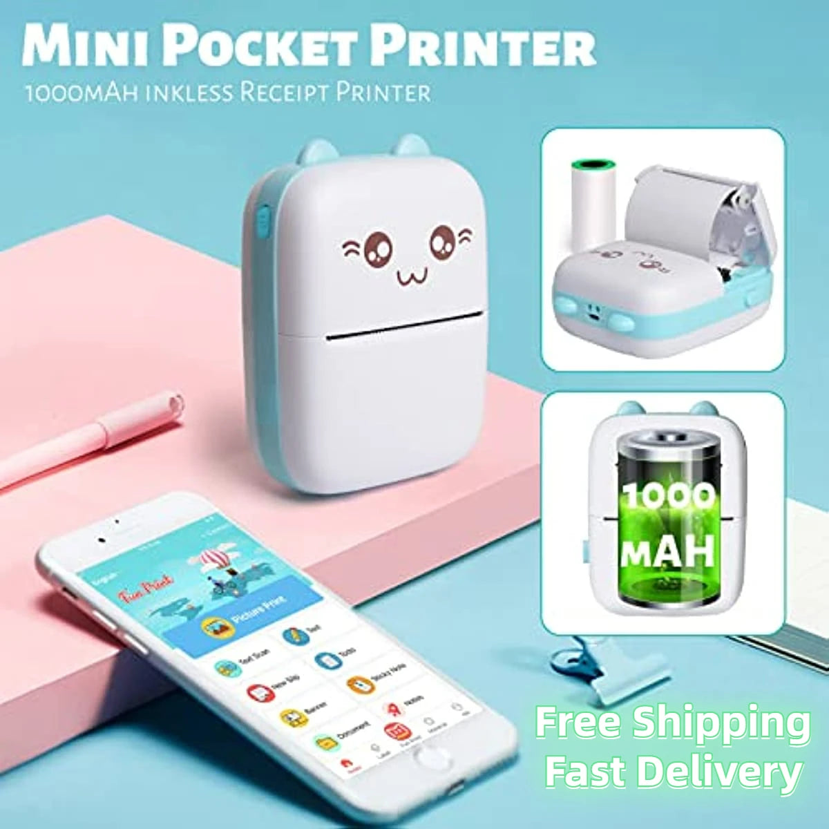 Mini Photo Pocket Printer – Portable Ink-Free Thermal 57mm Sticker Printer, Wireless Bluetooth 200dpi for Android & iOS