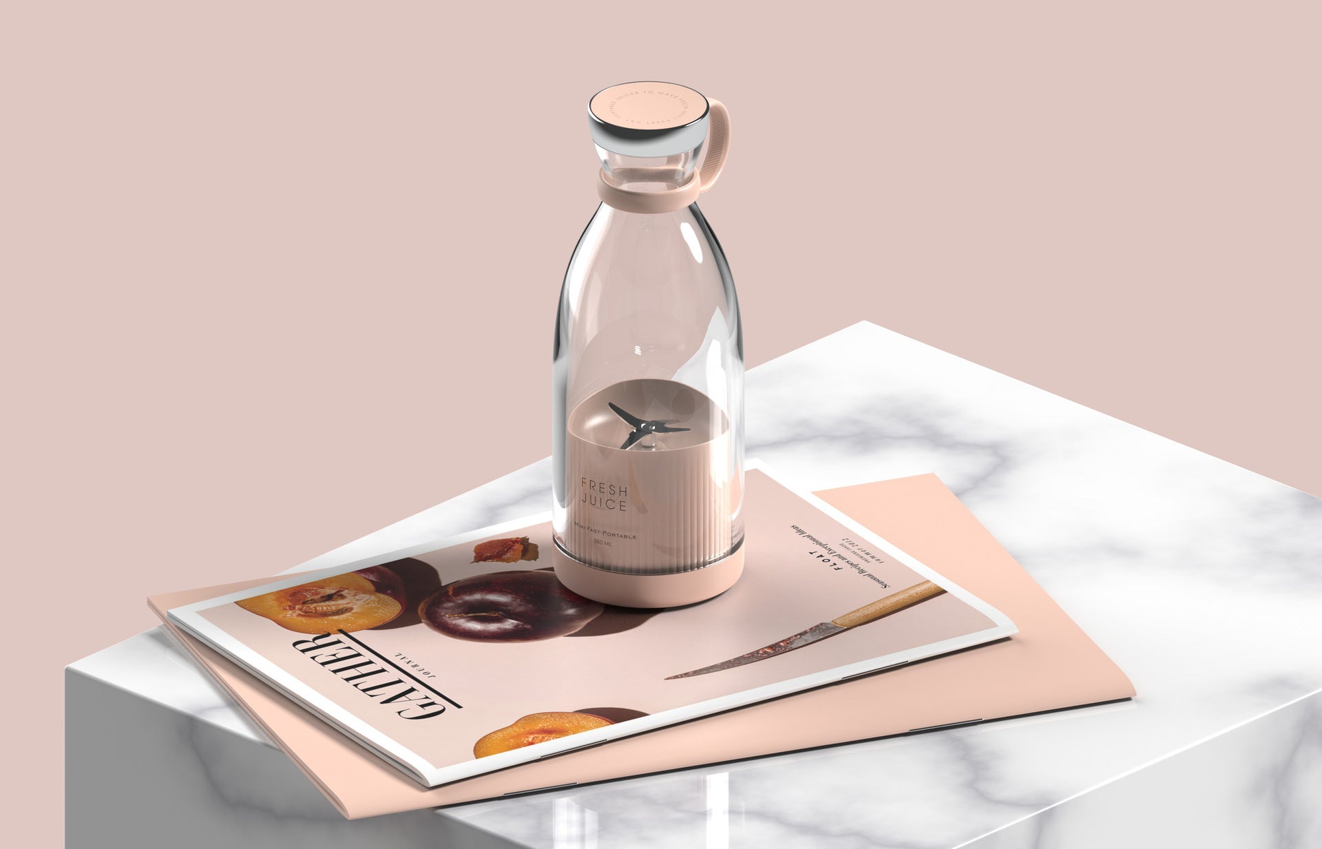 Glass bottle with a metallic cap on a magazine with a pink background