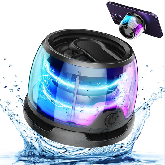 Discover the Magnetic Portable Bluetooth Speaker with LED color lights, HiFi stereo sound, and phone holder function. Bluetooth 5.3 wireless speaker with 600mAh battery and TWS pairing.