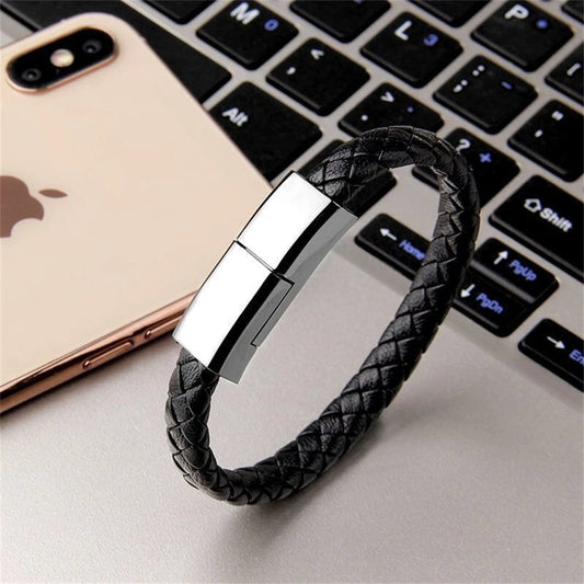 Men’s leather bracelet with hidden USB charging cable, stylish wristband for mobile phone charging