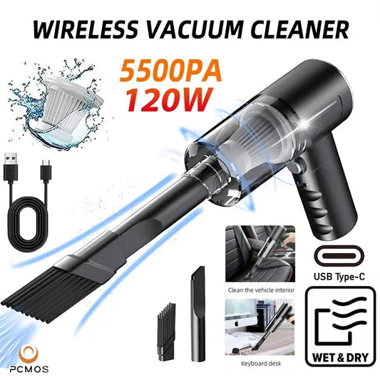 PCMOS wireless handheld vacuum cleaner in black with strong suction, washable HEPA filter, USB Type-C charging, suitable for home and car cleaning.