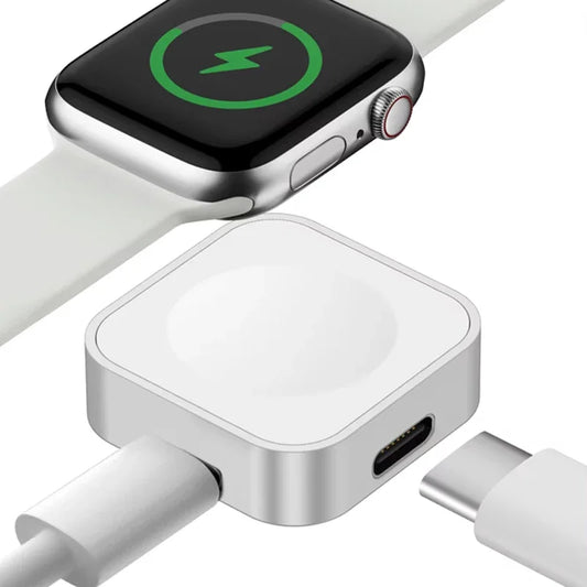 Portable wireless Apple Watch charger with Type-C and 8-Pin interfaces, magnetic fast charging dock, compatible with Apple Watch Ultra and all series.

