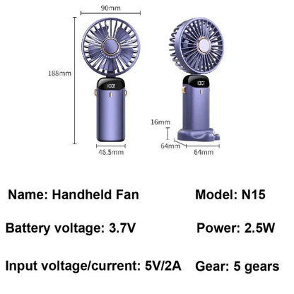 Foldable Mini Fan – 3000mAh USB Rechargeable | 5-Speed Handheld, Desk, Neck Hanging with Display & Phone Stand