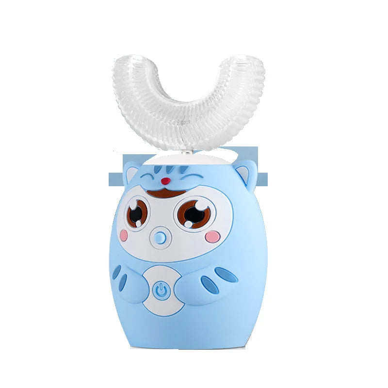 Spazzolino elettrico sonico a 360° a forma di U ricaricabile per bambini, spazzolino automatico in silicone, timer intelligente, luce blu IPX7
