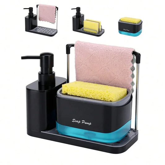 Multi-Functional Soap Dispenser Set with Sponge, Brush & Dishcloth Holder – 2-in-1 Kitchen Sink Organizer