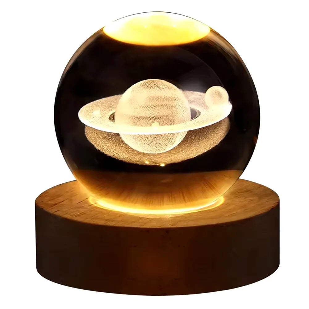 3D Galaxy Crystal Ball Night Light – LED Planet Projection Lamp with Wooden USB Base – Desktop Atmosphere Decor