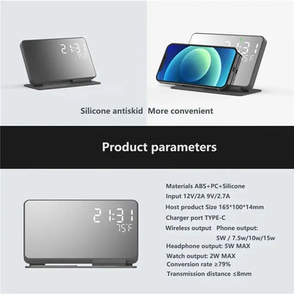 4-in-1 Wireless Charging Station with Alarm Clock & Temperature Display – Fast Charger for iPhone, Samsung & Galaxy Watch
