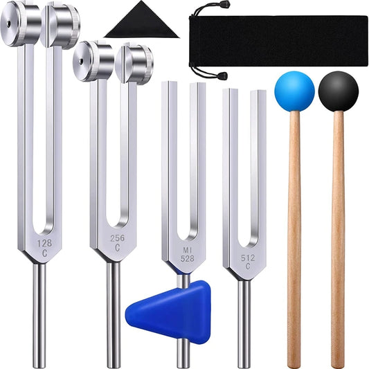 4-Pack Tuning Fork Set with Hammers and Pouches - Sound Therapy and Meditation Tool Kit (128Hz, 256Hz, 512Hz, 528Hz)