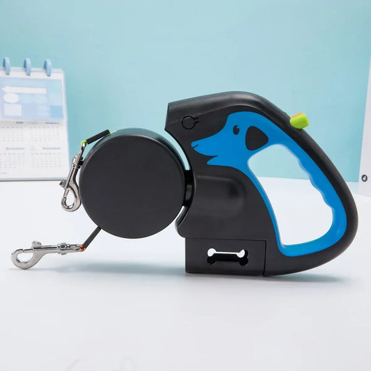 Retractable double dog leash with flashlight, dual-color tangle-free leads, and poop bag holder