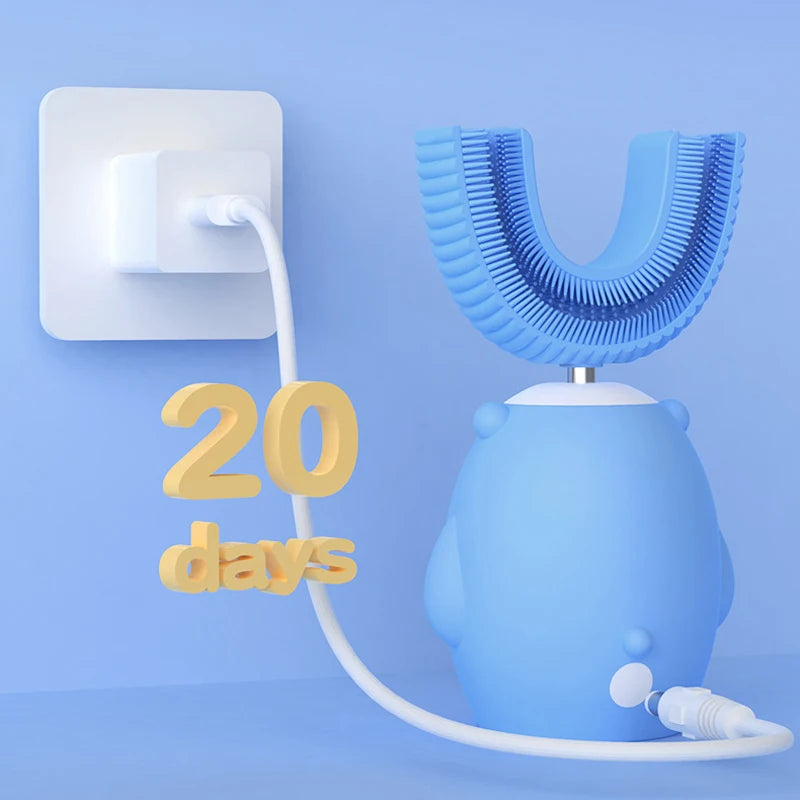 Spazzolino elettrico sonico a 360° a forma di U ricaricabile per bambini, spazzolino automatico in silicone, timer intelligente, luce blu IPX7
