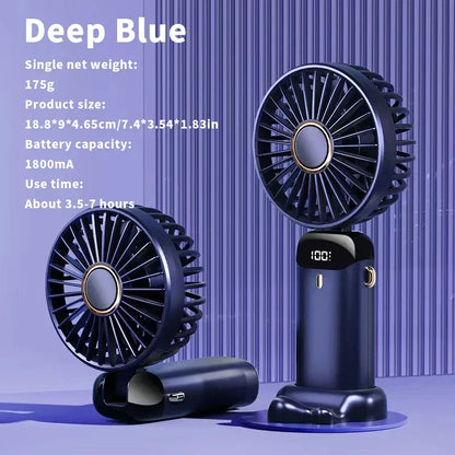 Foldable Mini Fan – 3000mAh USB Rechargeable | 5-Speed Handheld, Desk, Neck Hanging with Display & Phone Stand