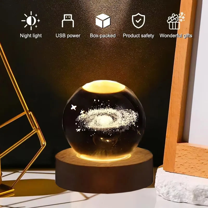 3D Galaxy Crystal Ball Night Light – LED Planet Projection Lamp with Wooden USB Base – Desktop Atmosphere Decor
