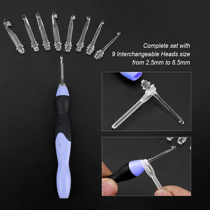 USB Rechargeable LED Crochet Hook Set – 9 Light-Up Hooks (2.5-6.5mm) with Bag, Tips & Charging Cable
