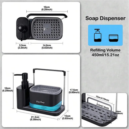 Multi-Functional Soap Dispenser Set with Sponge, Brush & Dishcloth Holder – 2-in-1 Kitchen Sink Organizer
