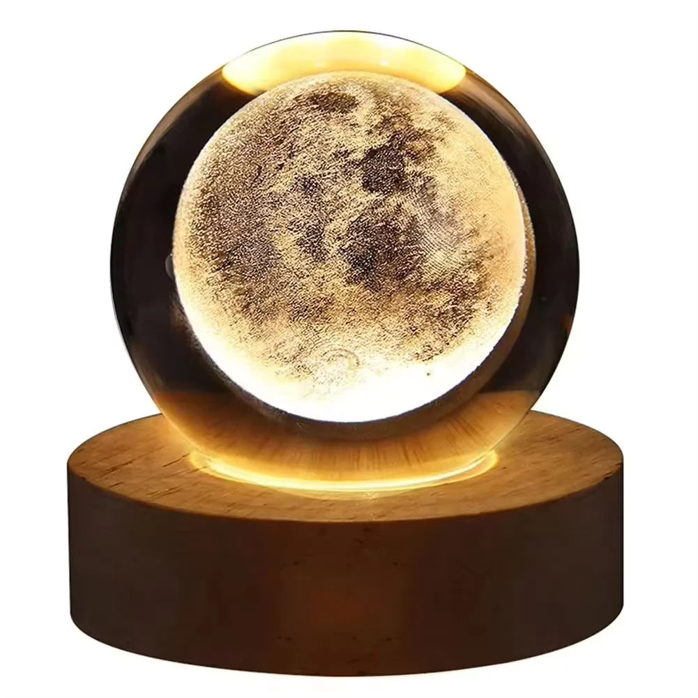 3D Galaxy Crystal Ball Night Light – LED Planet Projection Lamp with Wooden USB Base – Desktop Atmosphere Decor