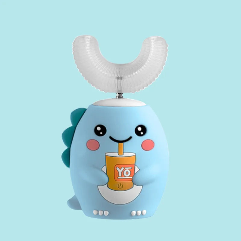 Spazzolino elettrico sonico a 360° a forma di U ricaricabile per bambini, spazzolino automatico in silicone, timer intelligente, luce blu IPX7