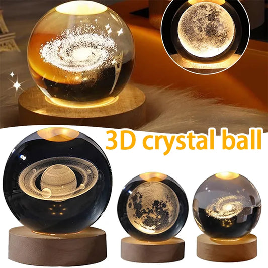 3D Galaxy Crystal Ball Night Light – LED Planet Projection Lamp with Wooden USB Base – Desktop Atmosphere Decor