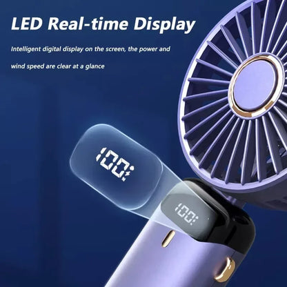 Foldable Mini Fan – 3000mAh USB Rechargeable | 5-Speed Handheld, Desk, Neck Hanging with Display & Phone Stand
