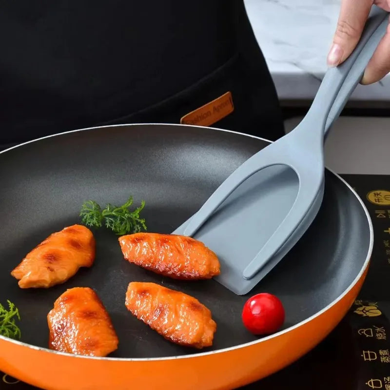 2-in-1 nylon grip flip spatula tongs for flipping eggs, pancakes, omelets, and fish