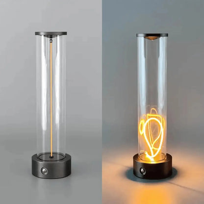 Minimalist magnetic cordless desk lamp with touch control and adjustable filament, ambient LED light in bedroom setting