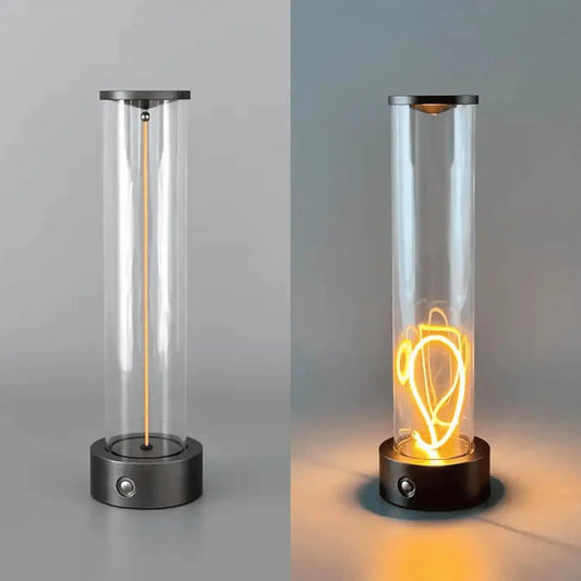 Minimalist magnetic cordless desk lamp with touch control and adjustable filament, ambient LED light in bedroom setting