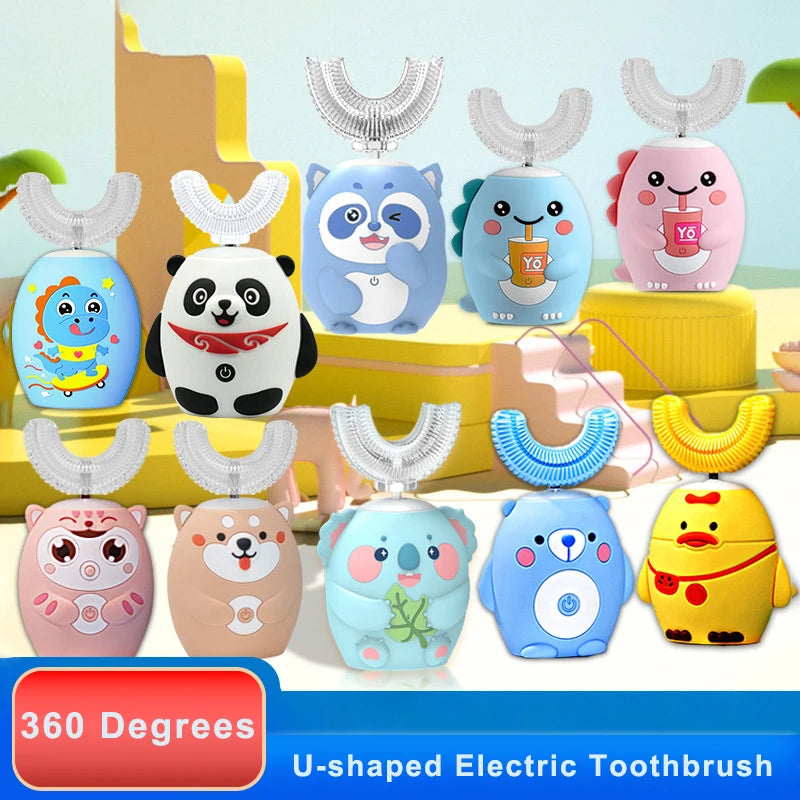 Spazzolino elettrico sonico a 360° a forma di U ricaricabile per bambini, spazzolino automatico in silicone, timer intelligente, luce blu IPX7