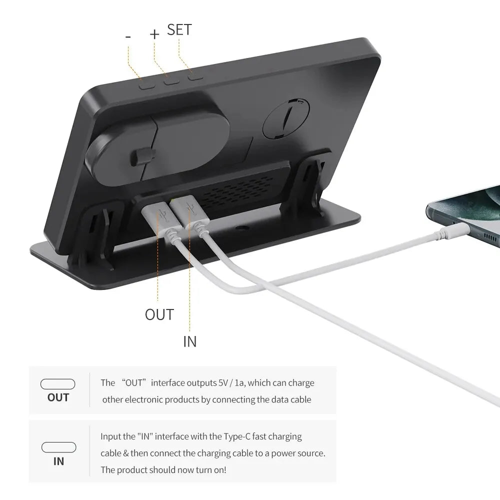 Supporto caricabatterie wireless 4 in 1 con sveglia, temperatura, stazione di ricarica rapida per iPhone 15/14, Samsung S23/S22 Galaxy Watch