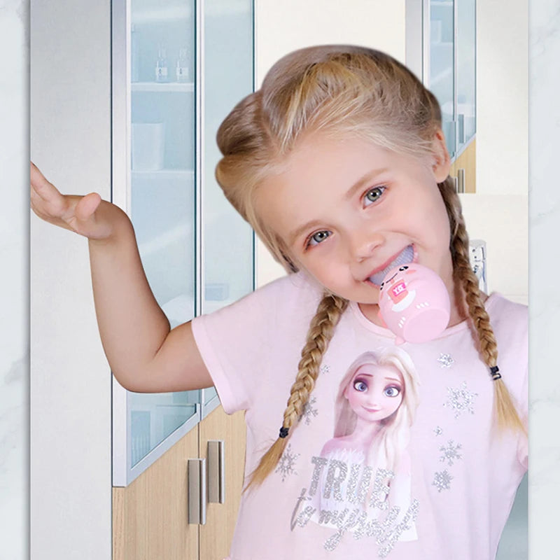 Spazzolino elettrico sonico a 360° a forma di U ricaricabile per bambini, spazzolino automatico in silicone, timer intelligente, luce blu IPX7