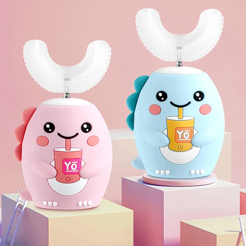 Spazzolino elettrico sonico a 360° a forma di U ricaricabile per bambini, spazzolino automatico in silicone, timer intelligente, luce blu IPX7