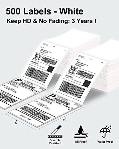 Phomemo 4x6 Thermal Shipping Label Paper – 500 Fanfold Labels, 100x150mm, Compatible with Zebra, Rollo, Phomemo, MUNBYN, Jiose & More