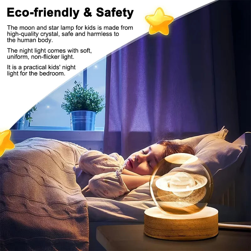 3D Galaxy Crystal Ball Night Light – LED Planet Projection Lamp with Wooden USB Base – Desktop Atmosphere Decor
