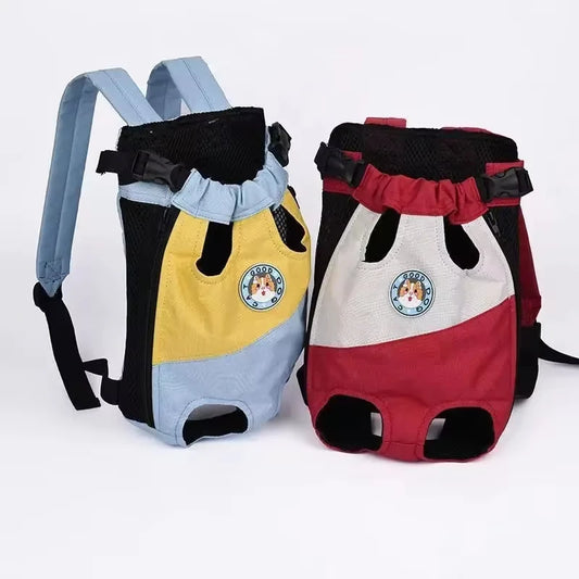 Two pet carriers, one blue and yellow, the other red and white, on a white background. Breathable pet carrier backpack with mesh ventilation for small dogs and cats, adjustable straps, and durable canvas material