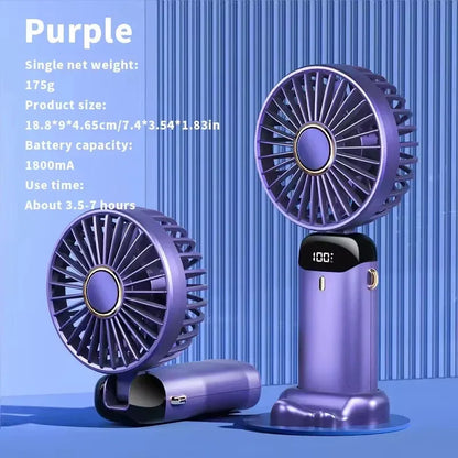 Foldable Mini Fan – 3000mAh USB Rechargeable | 5-Speed Handheld, Desk, Neck Hanging with Display & Phone Stand