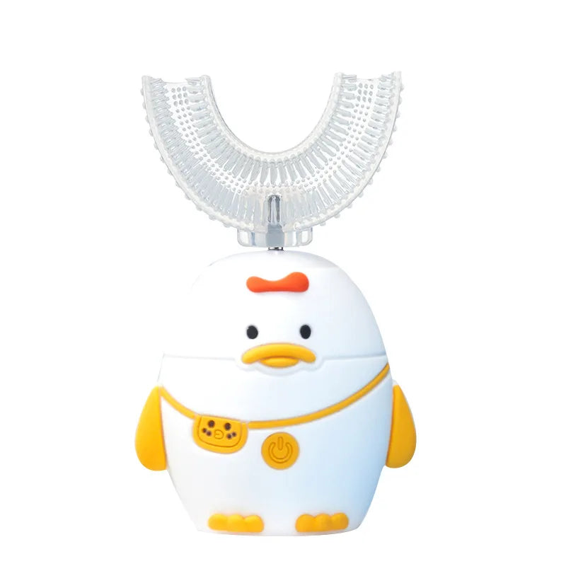 Spazzolino elettrico sonico a 360° a forma di U ricaricabile per bambini, spazzolino automatico in silicone, timer intelligente, luce blu IPX7