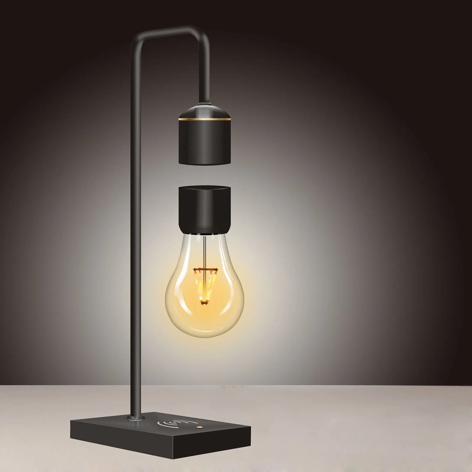 Magnetic levitating wireless LED light bulb hovering over wood base with warm white glow