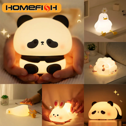 USB rechargeable cute animal LED night light shaped like a panda and rabbit for kids’ bedside lamp