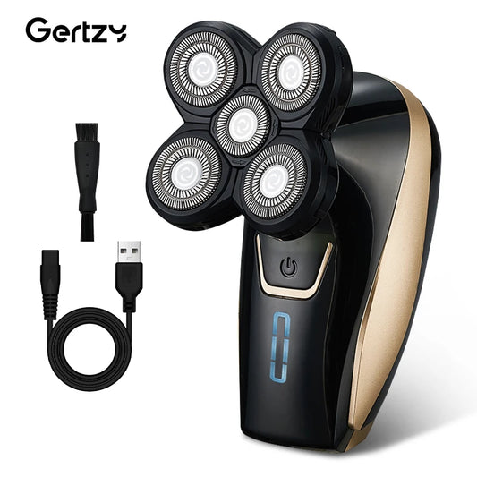 Electric shaver with USB cable and charging cord on a white background, featuring the Gertzy brand. Men's 5-in-1 Bald Head and Beard Trimmer with Stainless Steel Blades, Rotary Shaver, USB Rechargeable