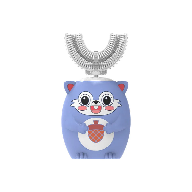 Spazzolino elettrico sonico a 360° a forma di U ricaricabile per bambini, spazzolino automatico in silicone, timer intelligente, luce blu IPX7