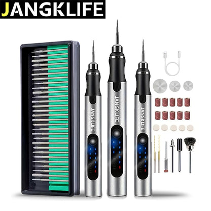 JANGKLIFE electronic tool set with various attachments on a white background. Cordless USB Rotary Tool Kit - Mini Wireless Drill & Engraving Pen for Wood, Jewelry, Metal, Glass & DIY Projects