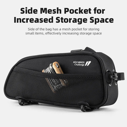 Waterproof Bicycle Frame Bag 1.3L - Portable Top Tube Cycling Pannier with Headphone Jack & Reflective Logo