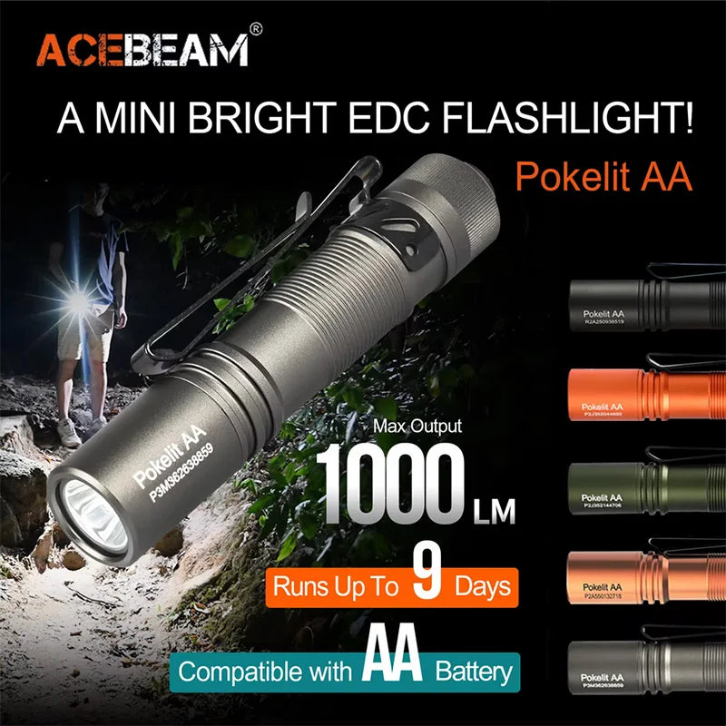ACEBEAM Pokelit AA EDC Flashlight – 1000 Lumens Rechargeable Mini Torch with USB-C, IP68 Waterproof, Keychain-Friendly
