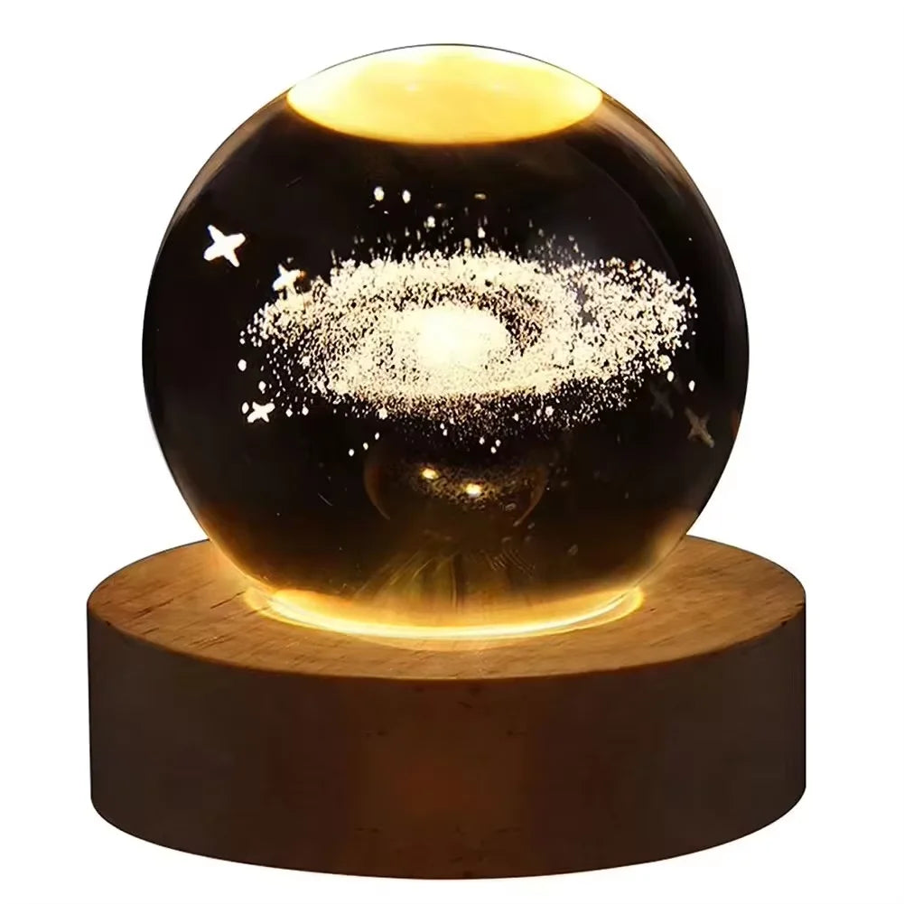 3D Galaxy Crystal Ball Night Light – LED Planet Projection Lamp with Wooden USB Base – Desktop Atmosphere Decor